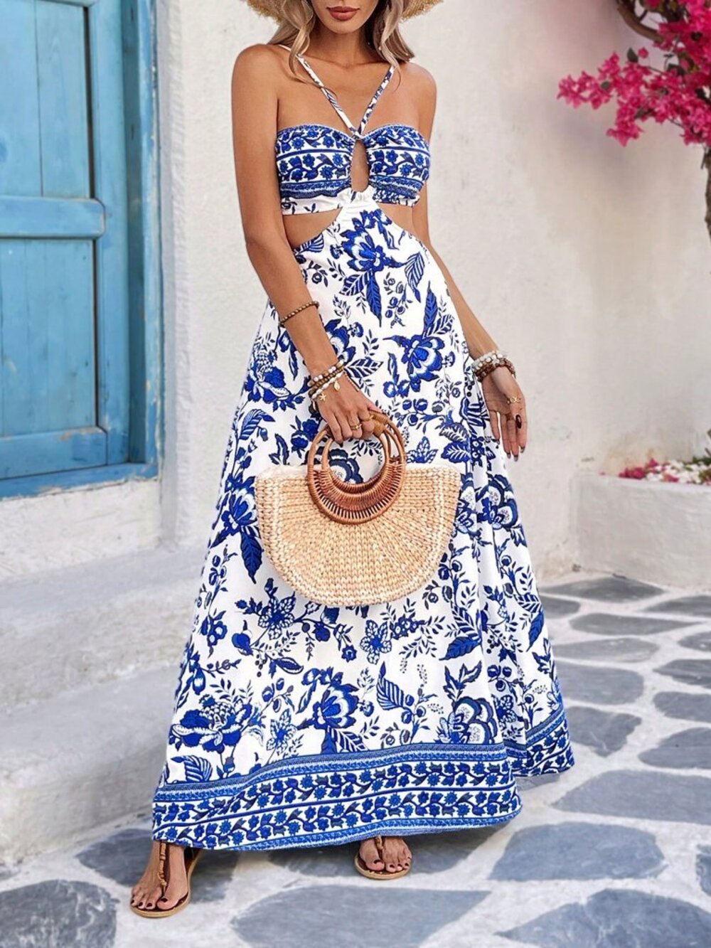 Blue Boho Women's Sleeveless Hollow Out Backless A-Line Plant Floral Dress - Picture 3 of 6